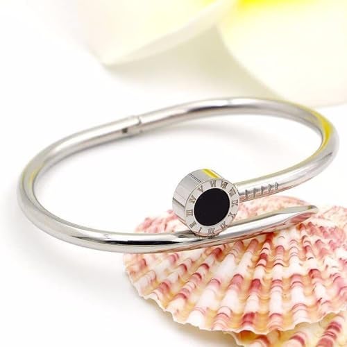 Okos Rhodium Plated Fashion Jewellery Stainless Steel Anti Tarnish Roman Number Nail Bracelet with Black Enamel Cuff Style For Girls and Women BR1000054RHD - Image 4