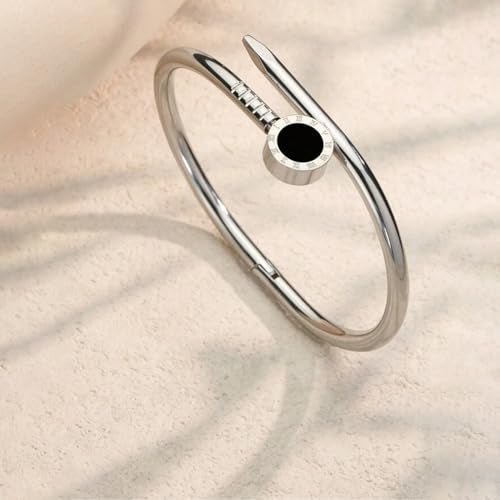 Okos Rhodium Plated Fashion Jewellery Stainless Steel Anti Tarnish Roman Number Nail Bracelet with Black Enamel Cuff Style For Girls and Women BR1000054RHD - Image 2