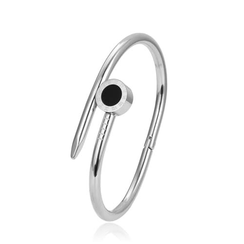 Okos Rhodium Plated Fashion Jewellery Stainless Steel Anti Tarnish Roman Number Nail Bracelet with Black Enamel Cuff Style For Girls and Women BR1000054RHD - Image 1