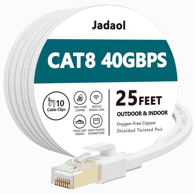 Jadaol Cat 8 Ethernet Cable 25 ft, 40Gbps 2000MHz Flat RJ45 S/FTP LAN Patch Cable, High-Speed Cat8 Network Cable for Router, Modem, Switch, Gaming Consoles, PC, Home Network & Streaming Devices, White - Image 1