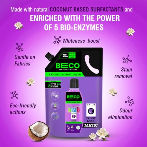 Beco Natural Liquid Detergent Front Load - 2L Refill Pack | Tough Stain Removal | Lavender & Vanilla Freshness | Retains Brightness & Shine | Chemical Free | Front Load Washing Machine Liquid - Image 2