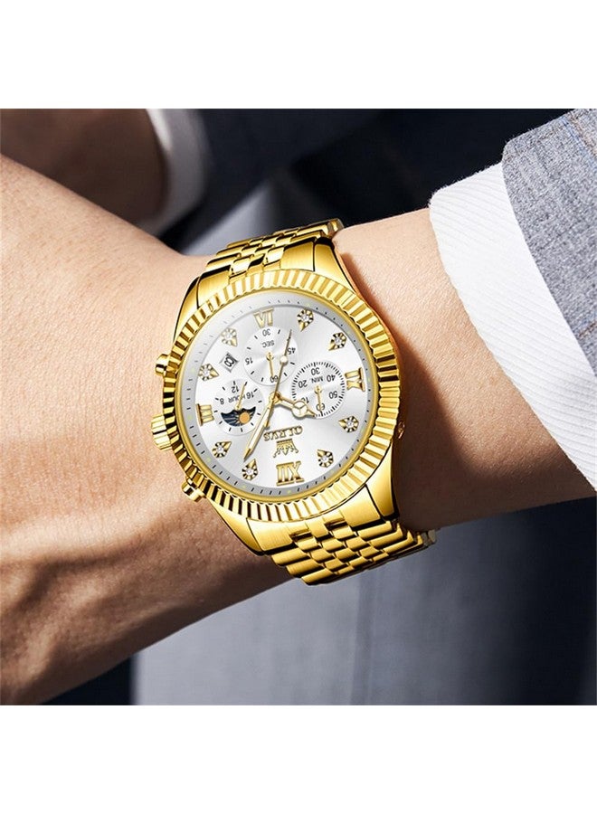 أوليفز ساعة  للرجال بعقارب كوارتز من الفولاذ المقاوم للصدأ مع تقويم طور القمر وكرونوغراف وساعة يد مقاومة للماء مضيئة بلونين وذهب أبيض - Image 3