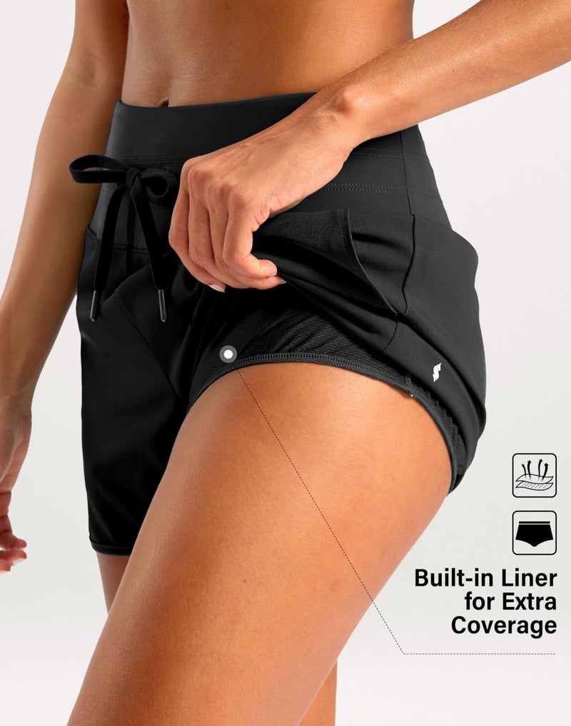 Soothfeel Women's Athletic Running Shorts with Zipper Pockets 3" High Waisted Workout Active Gym Shorts for Women with Liner Black Medium - Image 4