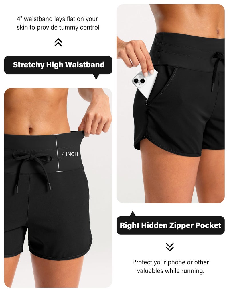Soothfeel Women's Athletic Running Shorts with Zipper Pockets 3" High Waisted Workout Active Gym Shorts for Women with Liner Black Medium - Image 5