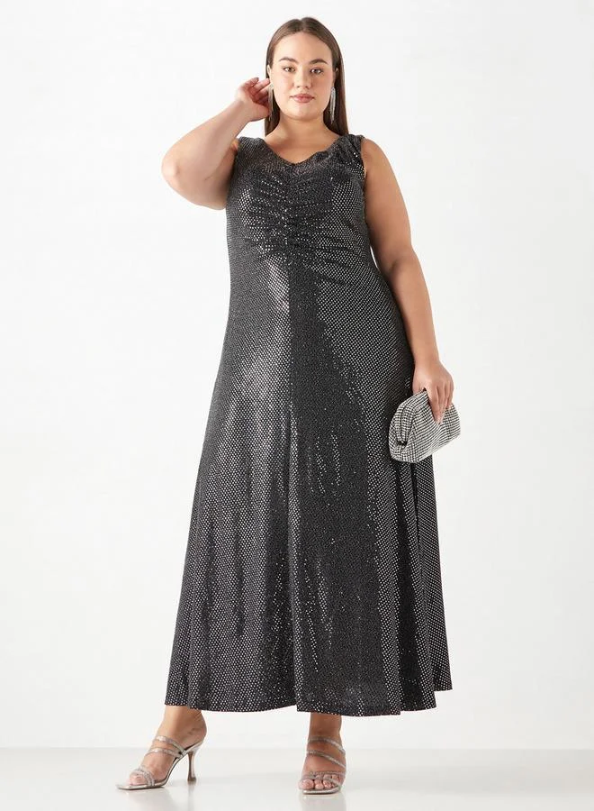 Ulla Popken Plus Size Ulla Popken Embellished Sleeveless Maxi Dress with V-neck