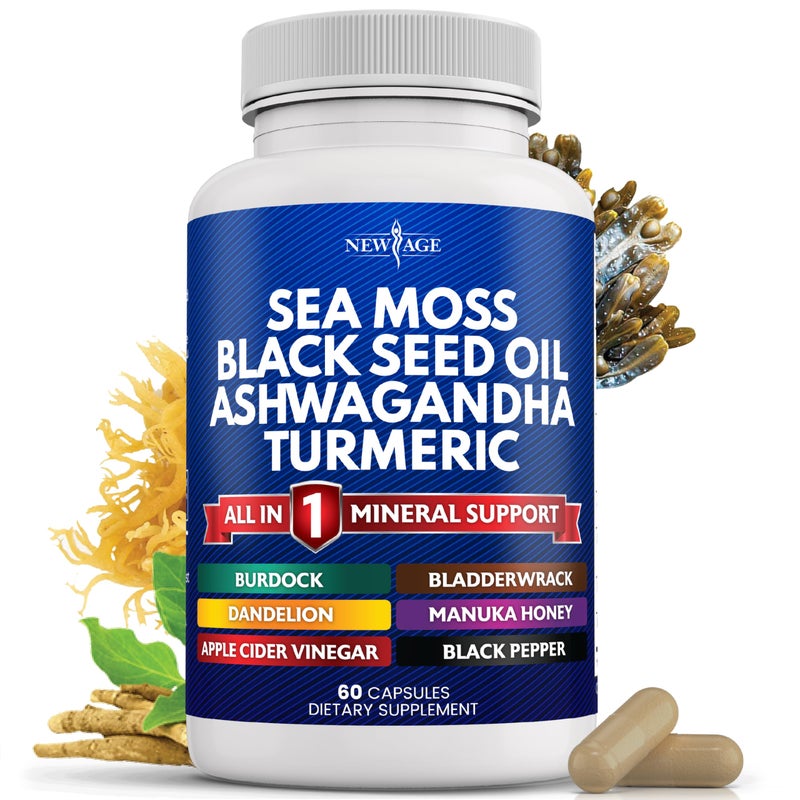 NEW AGE Sea Moss Black Seed Oil Ashwagandha Turmeric Bladderwrack Burdock with Manuka Honey Dandelion ACV Black Pepper Gluten Free