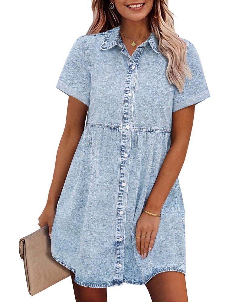 GRAPENT Business Casual Dress for Women Womens Dresses Casual Dresses with Sleeves Cotton Dress for Women Casual Women Denim Shirt Dress Plus Size Summer Dress for Women Color Roadknight Blue Size XXL - Image 1