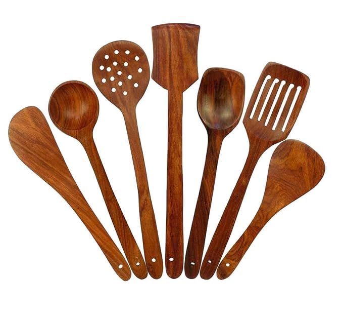 WOWSOME Sheesham Wooden Spoons for Cooking Spoon Set Kitchen Utensils Frying Spoon Ladles Turning Spatula Nonstick Spoon Set for Cooking Kitchen Tools Set of 7 Brown - Image 2