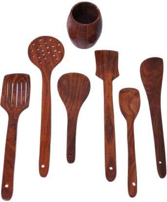 WOWSOME Sheesham Wooden Spoons for Cooking Spoon Set Kitchen Utensils Frying Spoon Ladles Turning Spatula Nonstick Spoon Set for Cooking Kitchen Tools Set of 7 Brown - Image 4