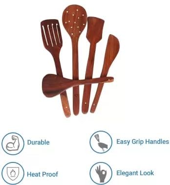 WOWSOME Sheesham Wooden Spoons for Cooking Spoon Set Kitchen Utensils Frying Spoon Ladles Turning Spatula Nonstick Spoon Set for Cooking Kitchen Tools Set of 7 Brown - Image 3
