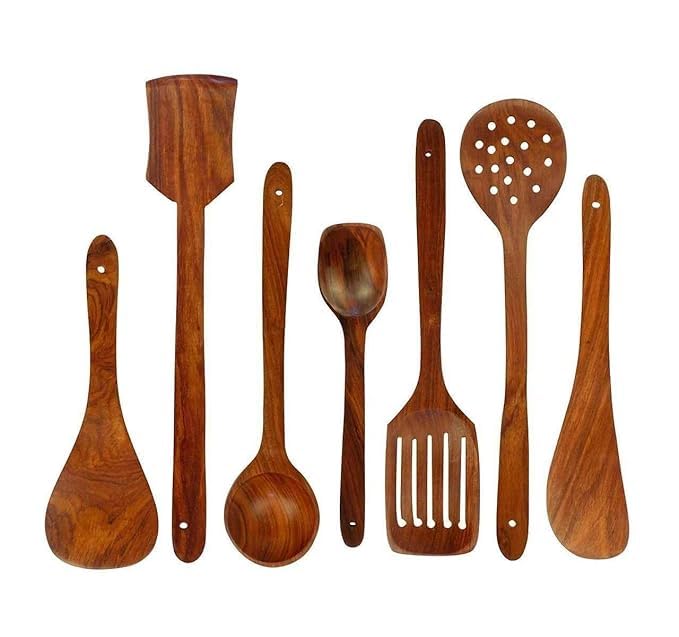 WOWSOME Sheesham Wooden Spoons for Cooking Spoon Set Kitchen Utensils Frying Spoon Ladles Turning Spatula Nonstick Spoon Set for Cooking Kitchen Tools Set of 7 Brown - Image 1