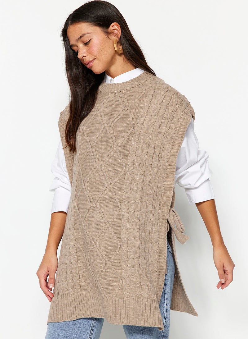 trendyol Stone Braided Knitwear Sweater with Tie Waist TCTAW22UV0018 - Image 2