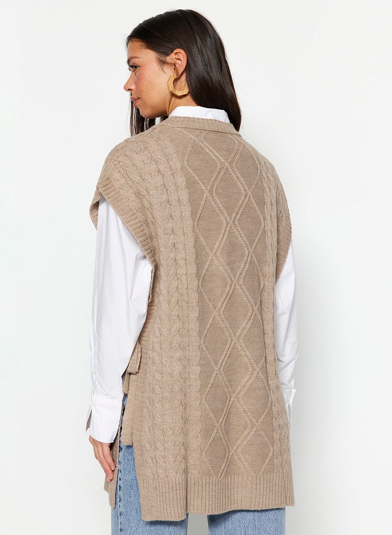 trendyol Stone Braided Knitwear Sweater with Tie Waist TCTAW22UV0018 - Image 5