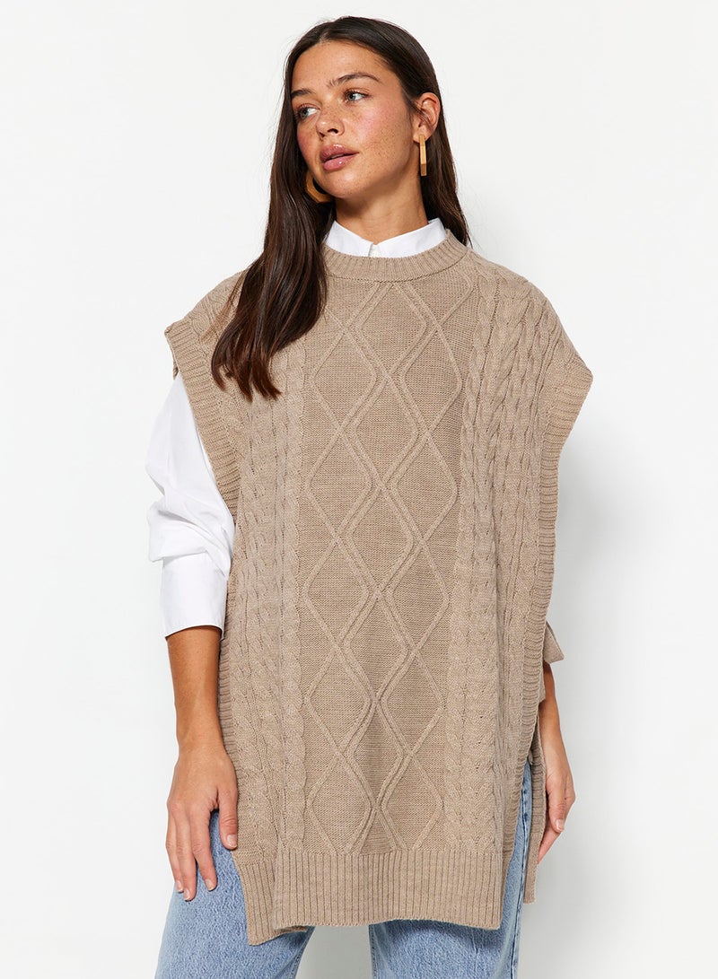 trendyol Stone Braided Knitwear Sweater with Tie Waist TCTAW22UV0018 - Image 3
