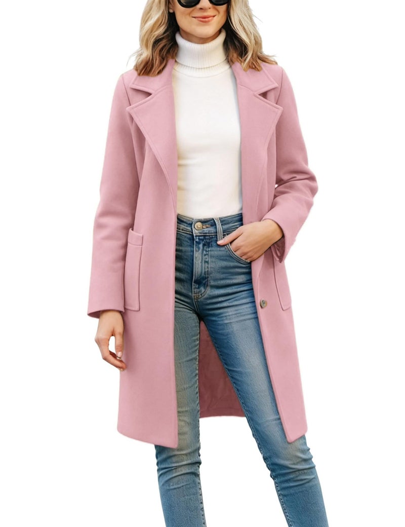 Omoone Women's Winter Wool Blend Coat Notch Lapel Mid Long Single Breasted Pea Coat Jacket Outwear(2629-Pink-XL) - Image 1