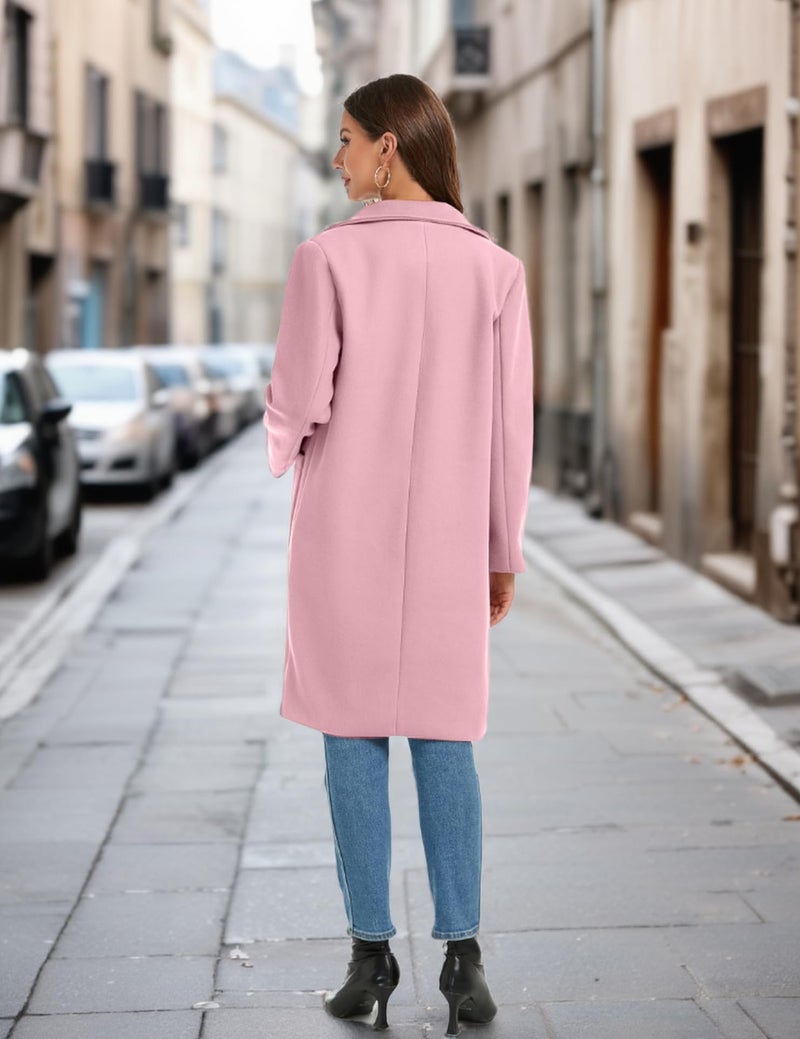 Omoone Women's Winter Wool Blend Coat Notch Lapel Mid Long Single Breasted Pea Coat Jacket Outwear(2629-Pink-XL) - Image 3