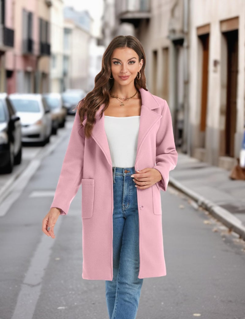 Omoone Women's Winter Wool Blend Coat Notch Lapel Mid Long Single Breasted Pea Coat Jacket Outwear(2629-Pink-XL) - Image 4