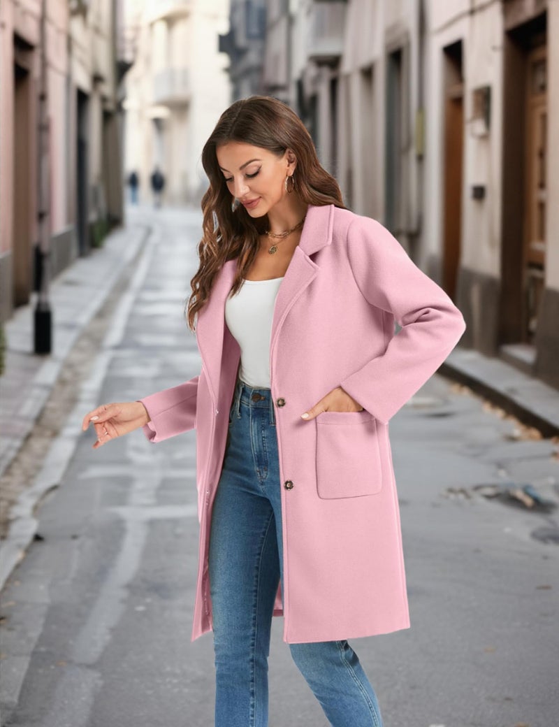 Omoone Women's Winter Wool Blend Coat Notch Lapel Mid Long Single Breasted Pea Coat Jacket Outwear(2629-Pink-XL) - Image 5