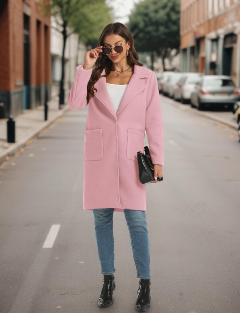 Omoone Women's Winter Wool Blend Coat Notch Lapel Mid Long Single Breasted Pea Coat Jacket Outwear(2629-Pink-XL) - Image 2
