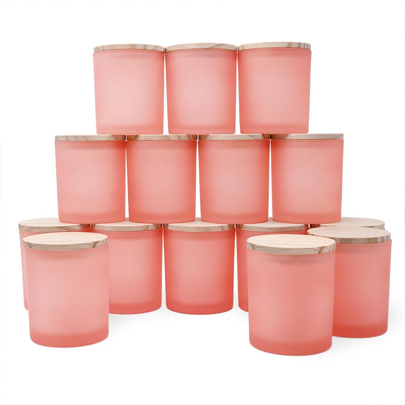 SHOWIN 10 OZ Thick Candle Jars for Making Candles 15 Pcs, Empty Jars with Wood Lids for Candle Making, Sample Container, Frosted Pink - Image 1