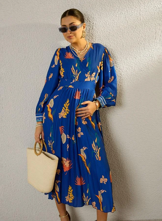 SASSAFRAS Blue Floral Print Pleated A-Line Midi Dress