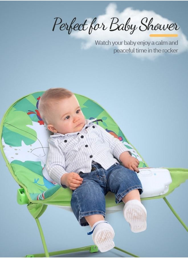 BAYBEE - Portable Baby Bouncer Rocker Chair With Soothing Vibrations Music Multiposition Recline 3 Point Safety Belt Removable Baby Toys Baby Rocker Bouncer For 0 To 2 Years Boys Girls Green - Image 1