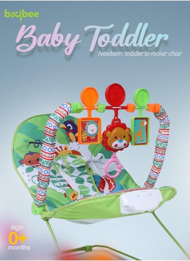 BAYBEE - Portable Baby Bouncer Rocker Chair With Soothing Vibrations Music Multiposition Recline 3 Point Safety Belt Removable Baby Toys Baby Rocker Bouncer For 0 To 2 Years Boys Girls Green - Image 1
