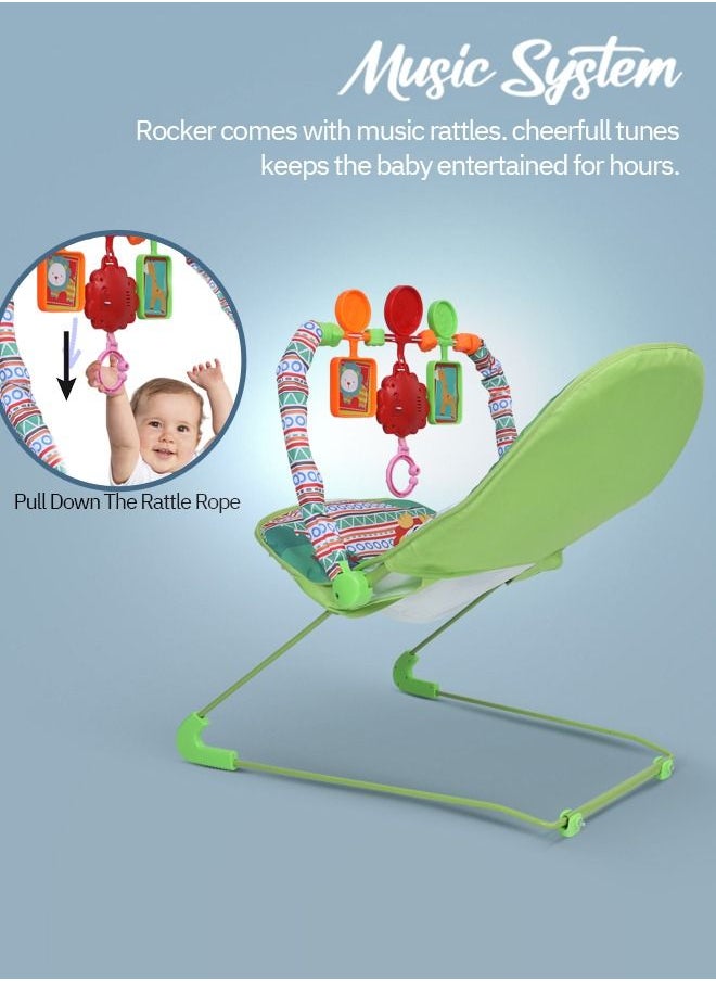 BAYBEE - Portable Baby Bouncer Rocker Chair With Soothing Vibrations Music Multiposition Recline 3 Point Safety Belt Removable Baby Toys Baby Rocker Bouncer For 0 To 2 Years Boys Girls Green - Image 1