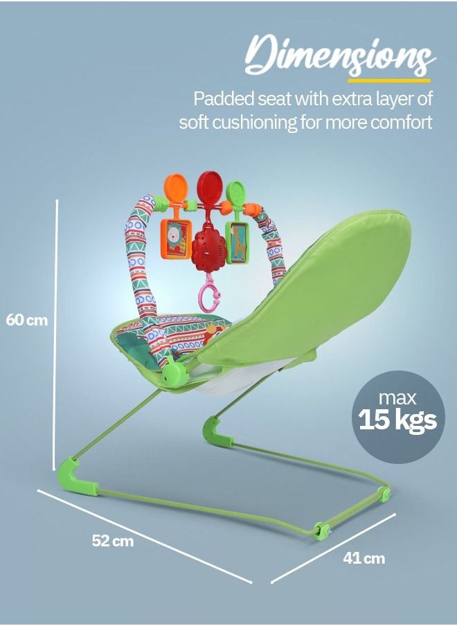 BAYBEE - Portable Baby Bouncer Rocker Chair With Soothing Vibrations Music Multiposition Recline 3 Point Safety Belt Removable Baby Toys Baby Rocker Bouncer For 0 To 2 Years Boys Girls Green - Image 1
