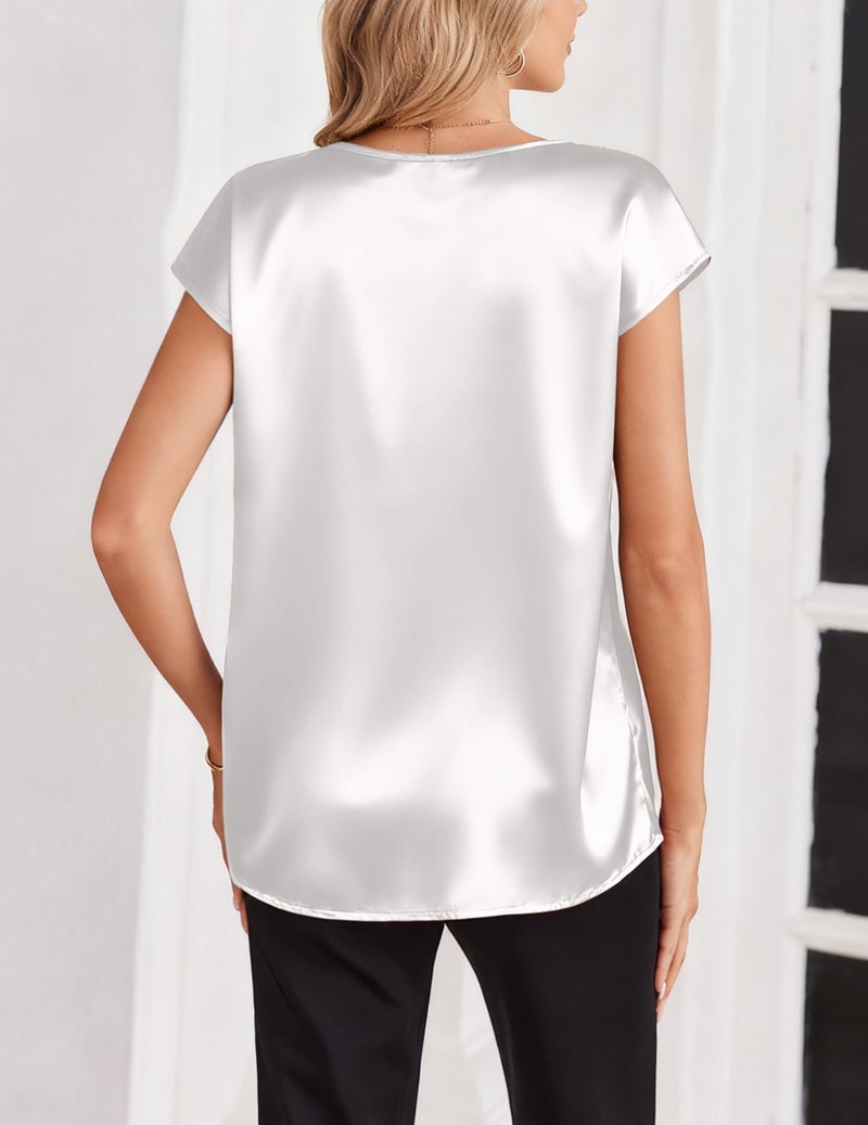 Zeagoo Womens Summer Tops 2026 Satin Shirts Loose Fit Dressy Short Sleeve Silk Blouses V Neck Clothes White - Image 4