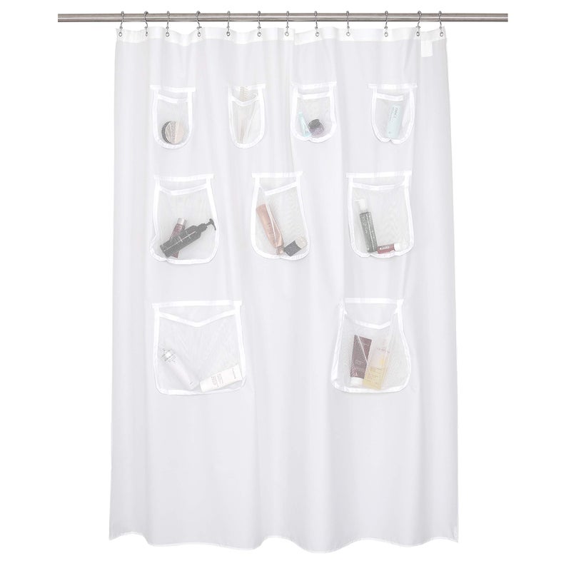 N&Y HOME NY HOME Water Repellent Fabric Shower Curtain or Liner with 9 Mesh Pockets  White 71x72 Inches 