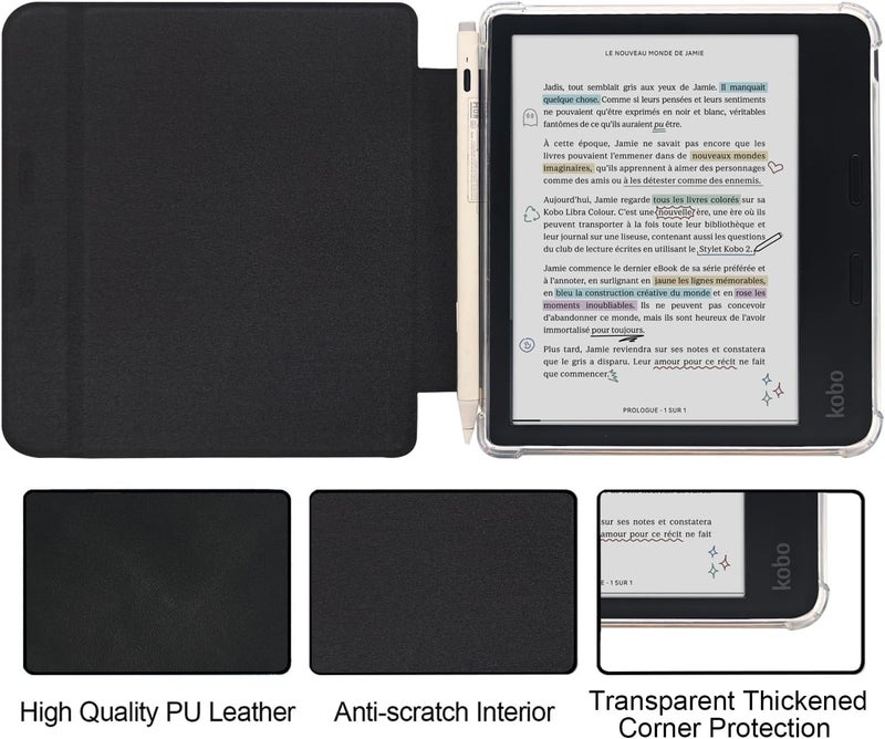 GOVTVA حقيبة جلدية من نوع Folio لقارئ Kobo Libra Colour مقاس 7 بوصة (2024) - غطاء فائق النحافة مع خاصية السكون/الاستيقاظ التلقائي المحسّنة، وظهر شفاف من TPU، وإغلاق مغناطيسي، وحامل للقلم (أسود) - Image 2