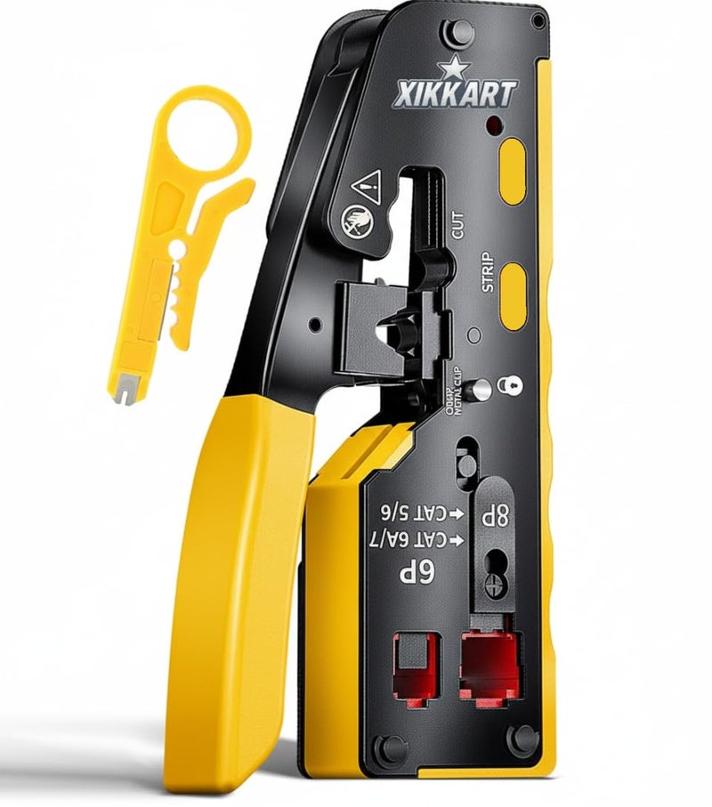 XIKKART Cat7 RJ45 Crimping Tool Yellow | Pass Through Ethernet Crimper with Wire Stripper & Cutter | All-in-One Crimping Tool for Cat7, Cat6A, Cat6, Cat5e, Cat5 Network Cables Installation Tool Kit - Image 1