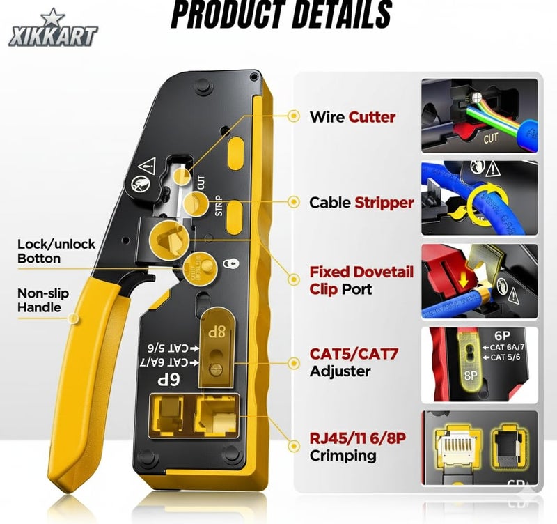 XIKKART Cat7 RJ45 Crimping Tool Yellow | Pass Through Ethernet Crimper with Wire Stripper & Cutter | All-in-One Crimping Tool for Cat7, Cat6A, Cat6, Cat5e, Cat5 Network Cables Installation Tool Kit - Image 2