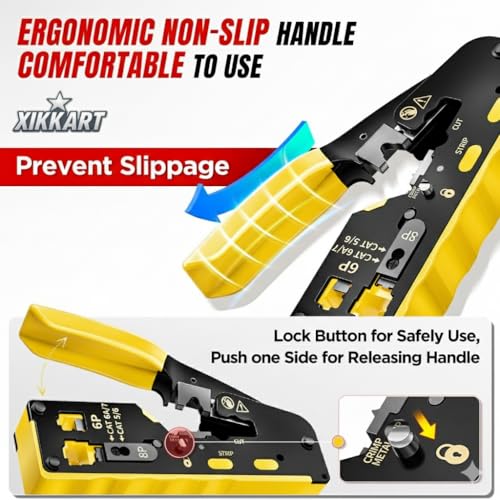 XIKKART Cat7 RJ45 Crimping Tool Yellow | Pass Through Ethernet Crimper with Wire Stripper & Cutter | All-in-One Crimping Tool for Cat7, Cat6A, Cat6, Cat5e, Cat5 Network Cables Installation Tool Kit - Image 3