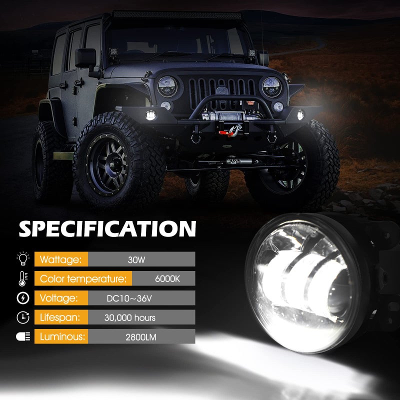KARSAM 4Inch LED Fog Lights for 2007-2018 Jeep Wrangler JK JKU 2018-2024 JLU Front Bumper White Round Fog Light, 30W LED Off Road Lights for Driving, 4" Fog Lamps, Accessories for Jeep Wrangler 2PCS - Image 2