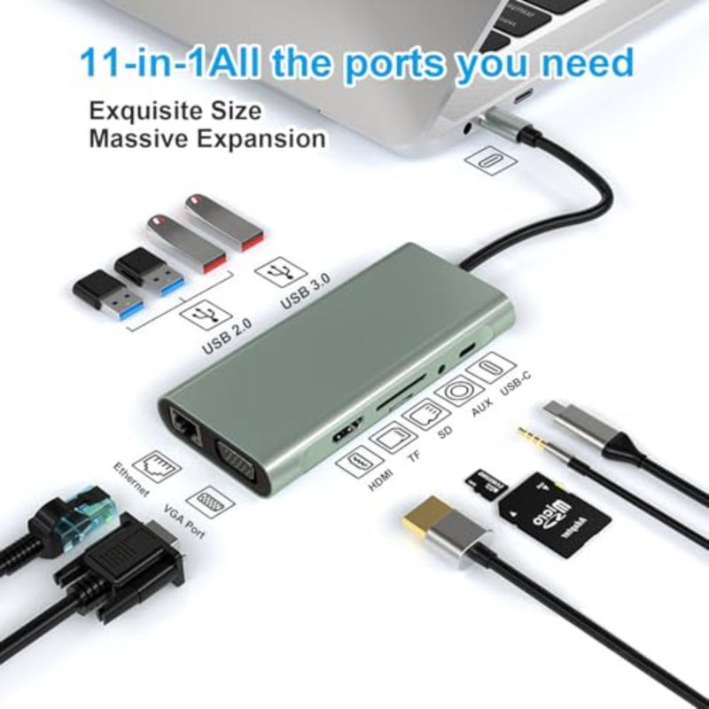USB C Hub 11-in-1 Docking Station, Type-C Multiport Adapter with 4K HDMI, VGA, 100W PD, USB 3.0, RJ45 Ethernet, SD/TF Card Reader, AUX, Compatible with MacBook Pro/Air, Chromebook, Laptops - Image 4