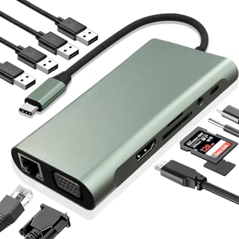 USB C Hub 11-in-1 Docking Station, Type-C Multiport Adapter with 4K HDMI, VGA, 100W PD, USB 3.0, RJ45 Ethernet, SD/TF Card Reader, AUX, Compatible with MacBook Pro/Air, Chromebook, Laptops - Image 1