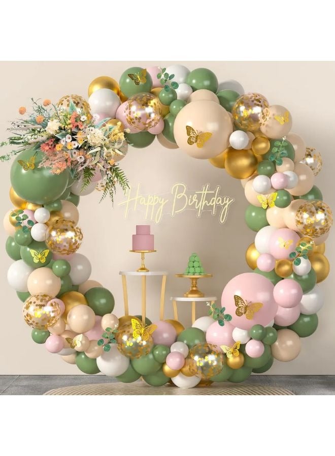 Vixplorn Sage Green Pink Balloon Arch Set 167pcs Light Pink Olive Green Blush White Gold Latex Confetti Balloon Garland Artificial Eucalyptus 3D Butterfly for Eid, Ramadan, National Day, Birthday and other celebrations - Image 1