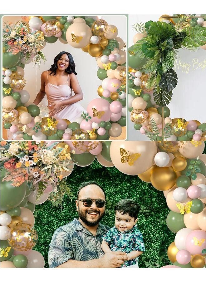 Vixplorn Sage Green Pink Balloon Arch Set 167pcs Light Pink Olive Green Blush White Gold Latex Confetti Balloon Garland Artificial Eucalyptus 3D Butterfly for Eid, Ramadan, National Day, Birthday and other celebrations - Image 2