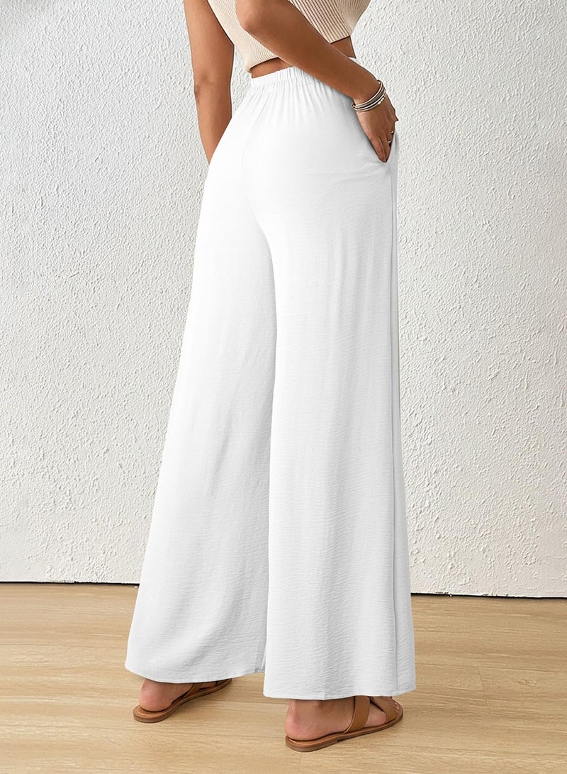 EVALESS Womens High Waisted Button Pleated Wide Leg Pants Beach Vacation Palazzo Trouses White L - Image 2