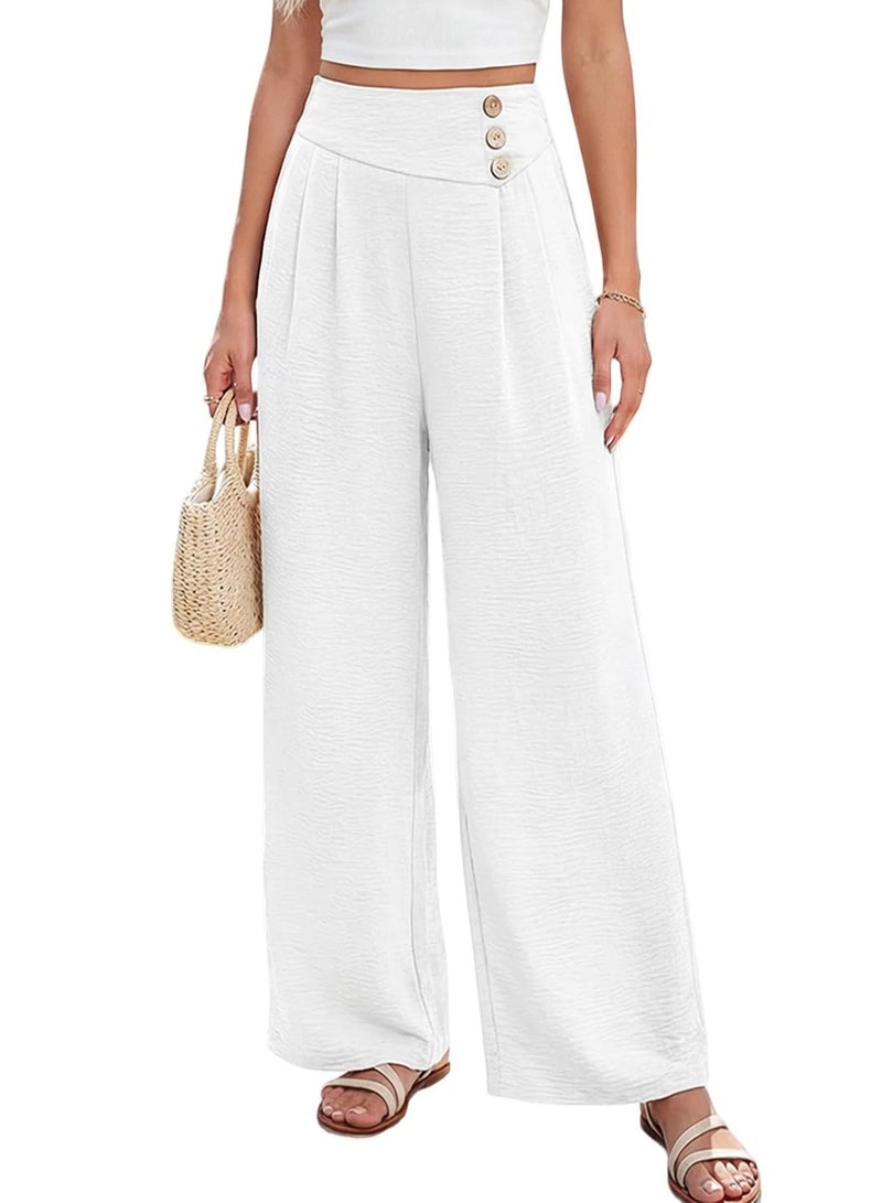 EVALESS Womens High Waisted Button Pleated Wide Leg Pants Beach Vacation Palazzo Trouses White L - Image 1