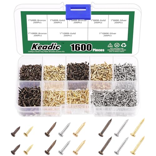 Keadic 1600Pcs Tiny Nails for Wood Crafts, Small Tiny Nails, 6mm 8mm 10mm Small Nails Mini Nails Tiny Wooden Nails for Wooden DIY Decorative Pictures Boxes(Gold/Silver/Bronze) - Image 1