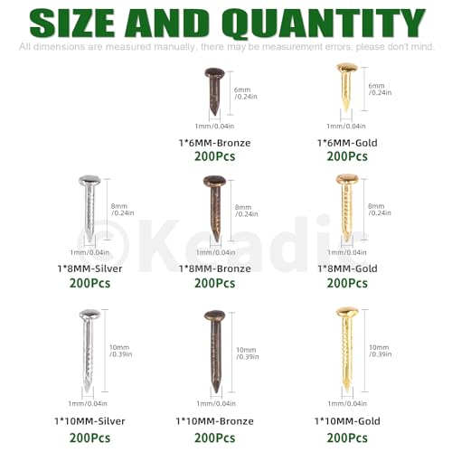Keadic 1600Pcs Tiny Nails for Wood Crafts, Small Tiny Nails, 6mm 8mm 10mm Small Nails Mini Nails Tiny Wooden Nails for Wooden DIY Decorative Pictures Boxes(Gold/Silver/Bronze) - Image 2