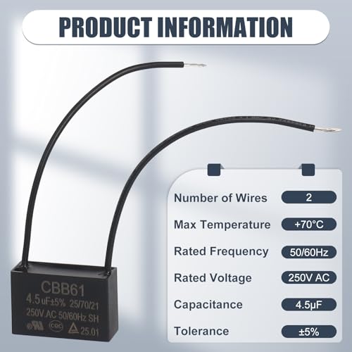 Wadoy CBB61 Ceiling Fan Capacitor 2 Wires 4.5uF Compatible with 450/400/350/300/250VAC Electrical Power Relay Connecting Capacitor(Black) - Image 2