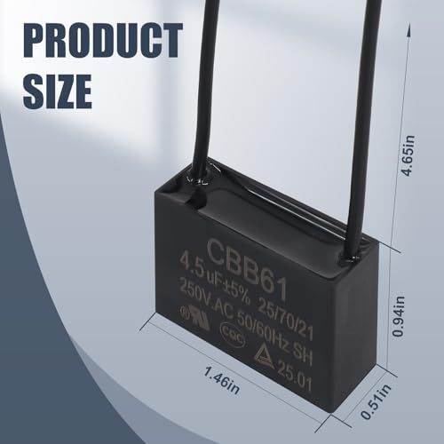 Wadoy CBB61 Ceiling Fan Capacitor 2 Wires 4.5uF Compatible with 450/400/350/300/250VAC Electrical Power Relay Connecting Capacitor(Black) - Image 3