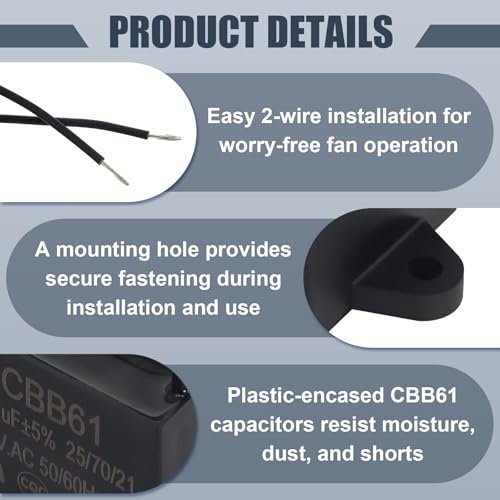Wadoy CBB61 Ceiling Fan Capacitor 2 Wires 4.5uF Compatible with 450/400/350/300/250VAC Electrical Power Relay Connecting Capacitor(Black) - Image 4