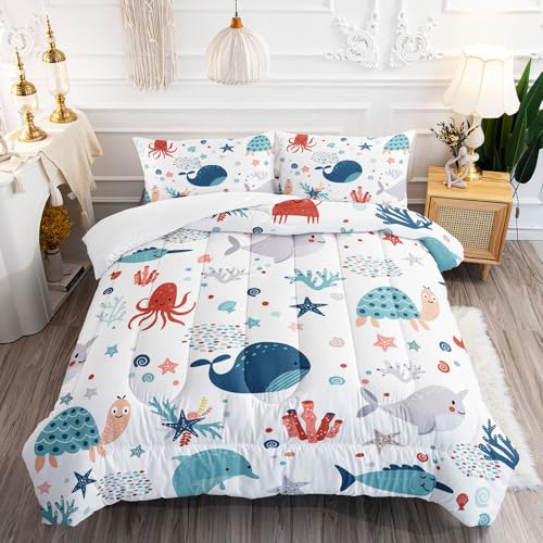 XYNHML Kids Turtle Comforter Set Twin Beach Theme Dolphin Starfish Seaweed Bedding Set Sea Animal Octopus Reptile Bed Set with 2 Pillowcases for Boys Girls Room Decor - Image 1
