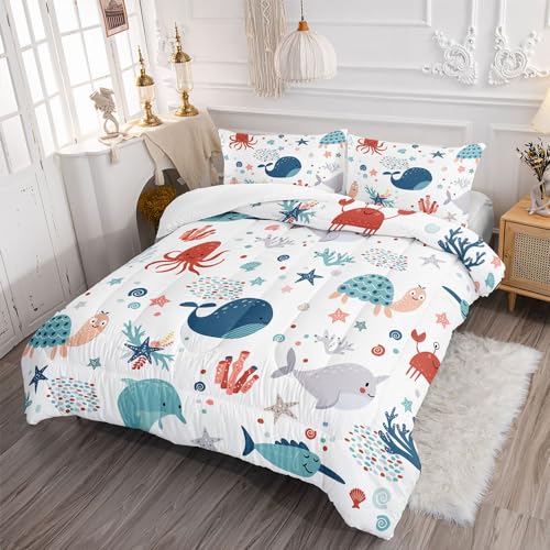 XYNHML Kids Turtle Comforter Set Twin Beach Theme Dolphin Starfish Seaweed Bedding Set Sea Animal Octopus Reptile Bed Set with 2 Pillowcases for Boys Girls Room Decor - Image 2