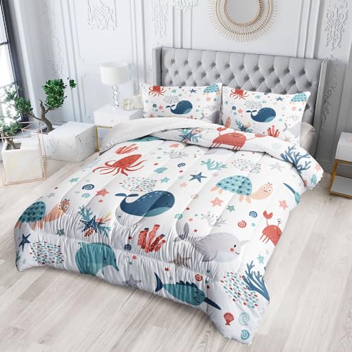 XYNHML Kids Turtle Comforter Set Twin Beach Theme Dolphin Starfish Seaweed Bedding Set Sea Animal Octopus Reptile Bed Set with 2 Pillowcases for Boys Girls Room Decor - Image 4